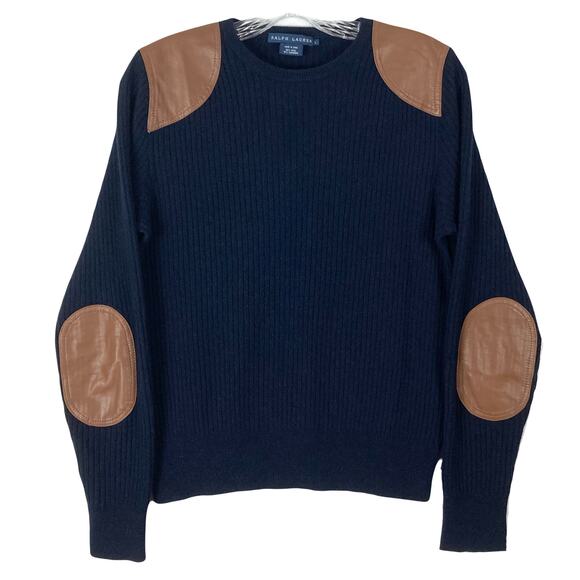 RALPH LAUREN Sweater Women L Navy Cashmere Ribbed Brown Faux?Leather-Elbow-Patch - Picture 1 of 7